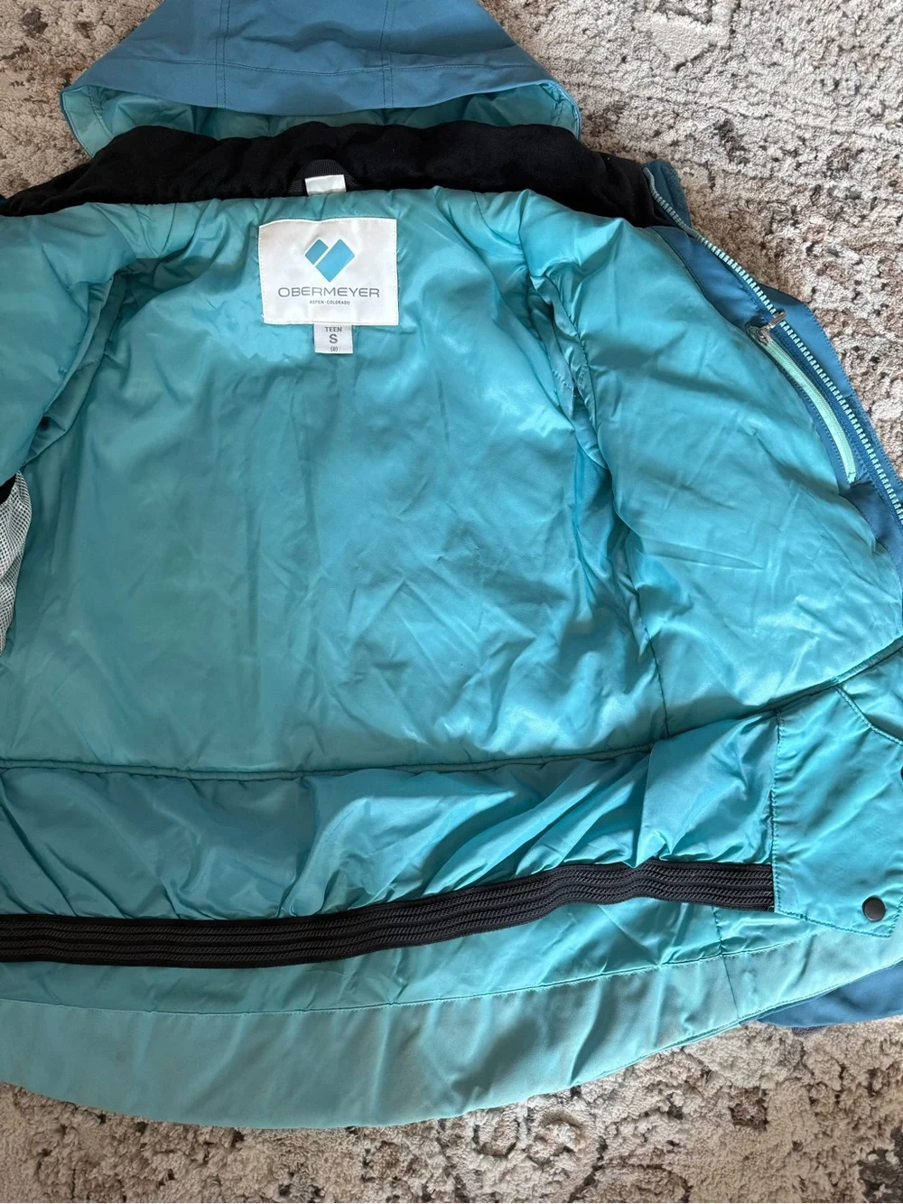 Obermeyer Teal/Light Teal Hooded Puffer winter Jacket